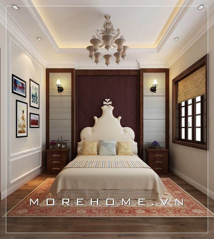 Giường ngủ biệt thự cao cấp được thiết kế theo phong cách tân cổ điển nhẹ nhàng mà đơn giản, phần đầu giường cách điệu lạ mắt được gia chủ lựa chọn trong mẫu thiết kế phòng ngủ này